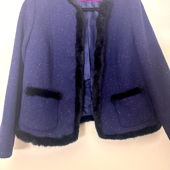 Talbots Speckled wool faux fur trim Navy blazer size 12p - Picture 4 of 12